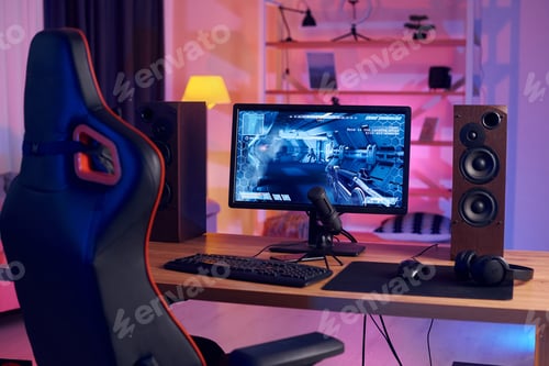 Preview: PC at home with shooter game launched on. FPS experience virtual reality