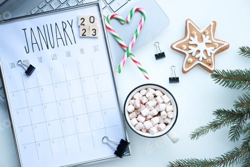 Preview: Calendar flat lay. January 2023. New year.