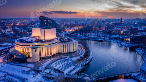 Preview: Winter opera in Bydgoszcz, Poland. Aerial view of winter, Bydgoszcz
