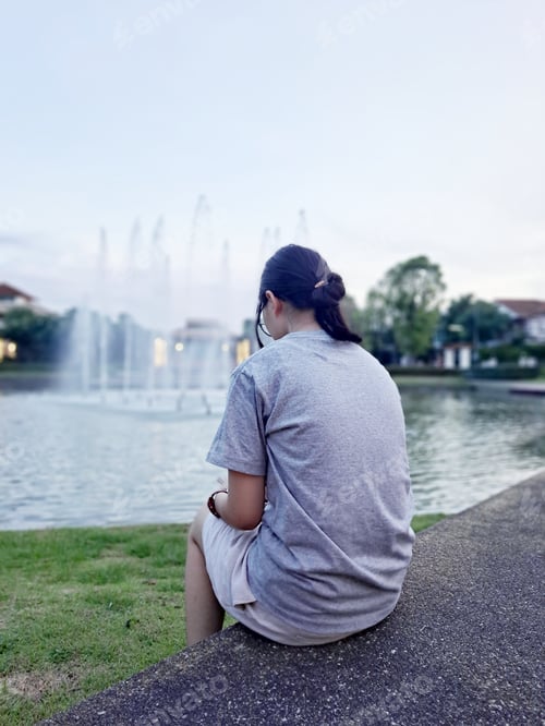 Preview: A teenage girl sitting at a pond with fountain with her back facing camera looking at phone