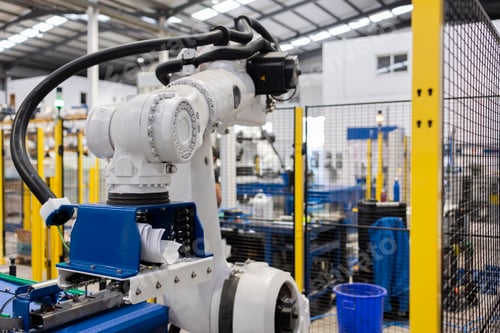 Preview: Robotic arm handling material on assembly line in factory