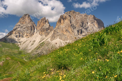 Preview: Scenic Alps with green mountain hill under sky