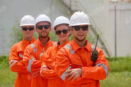 Preview: Team of construction workers posing outdoors in safety gear during a sunny day