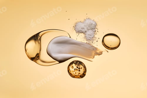 Preview: Textures of different cosmetic products on a gold background.