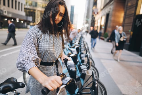 Preview: girl renting a city bike from a bike stand