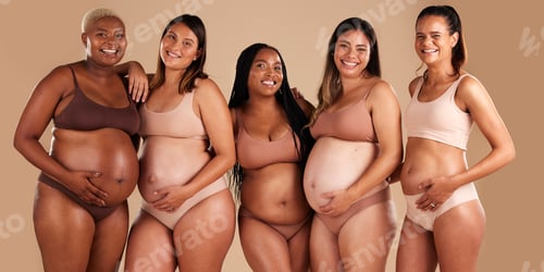 Preview: Pregnancy body, portrait and bonding women on studio background in diversity empowerment, baby supp