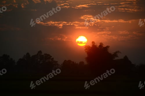 Preview: Golden sky sunrise dramatic beautiful landscape view. Dawn sky gold dusk time cloudscape sunlight
