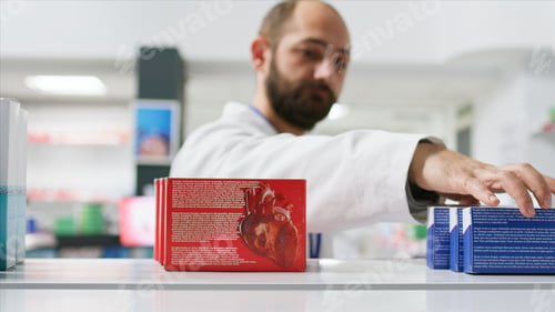 Preview: POV of drugstore worker arranging medical supplies on shelves