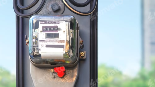 Preview: Electricity meter on electric power pole with cable line and blurred outdoor background