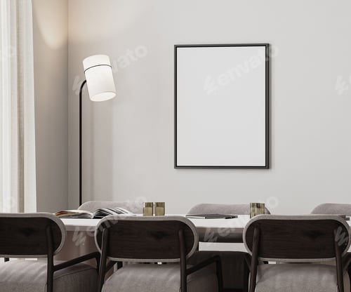 Preview: poster frame mock-up in meeting room interior with long desk,modern chairs and floor lamp, 3d render
