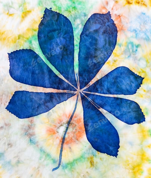 Preview: hand painted blue chestnut leaf on silk batik