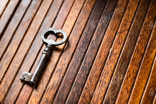 Preview: the old key lies on an old wooden table, natural textures, the concept of discoveries, secrets