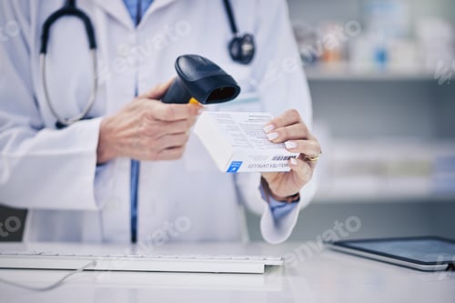 Preview: Pharmacist, hands and scanning pills, cashier with woman and pharmacy, digital scanner and stock ba