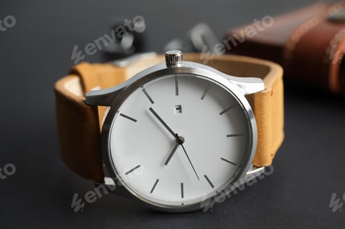 Preview: Stylish wrist watch on dark background. Fashion accessory