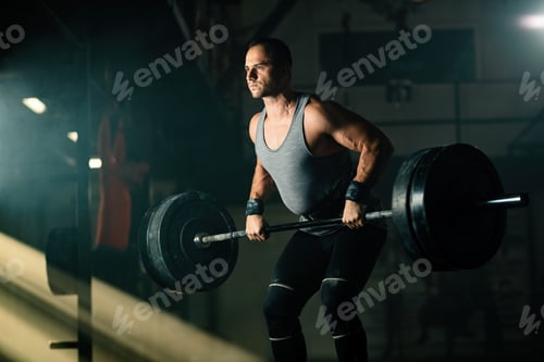 Preview: Muscular build man having weight training in a gym.