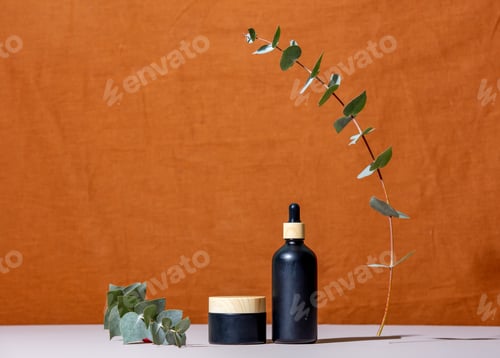Preview: branch of eucalyptus and a black bottle of cream