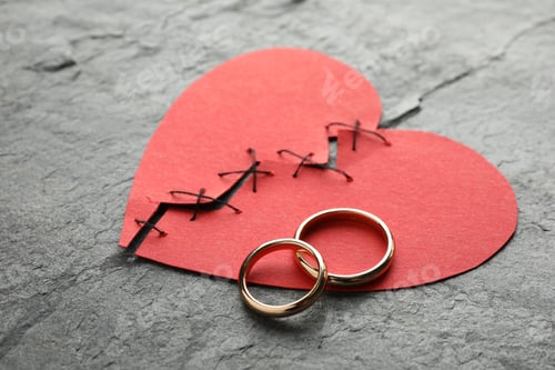 Preview: Broken heart. Torn red paper heart sewed with thread and wedding rings on grey table, closeup