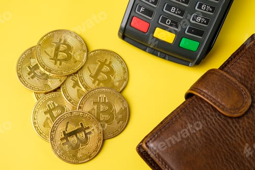 Preview: Bitcoin golden coin, wallet and pos terminal on yellow background