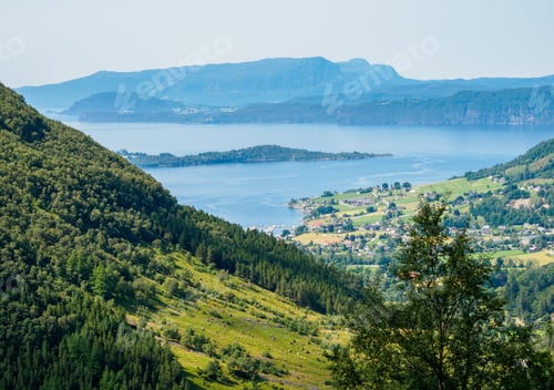 Preview: View to Hardangerfjorden and Rosendal barony from the mountains, Norway