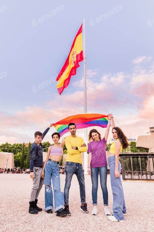 Preview: Young diversity multi ethnic LGBTQ group pride and happy. People mixed gender with rainbow flag