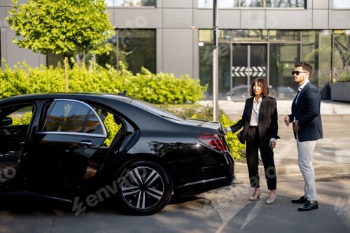 Preview: Businessman and female chauffeur near car outdoors