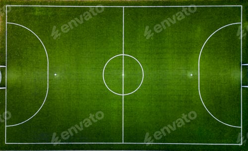 Preview: Top down aerial view of an empty soccer field, awaiting the joyous moments of the game.