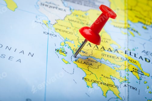 Preview: Travel destination points on a map indicated with colorful thumbtacks