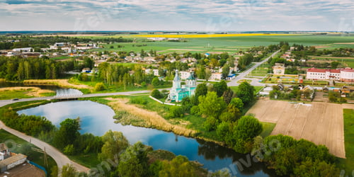 Preview: Krupets, Dobrush District, Gomel Region, Belarus. Aerial View Of Old Wooden Orthodox Church Of The