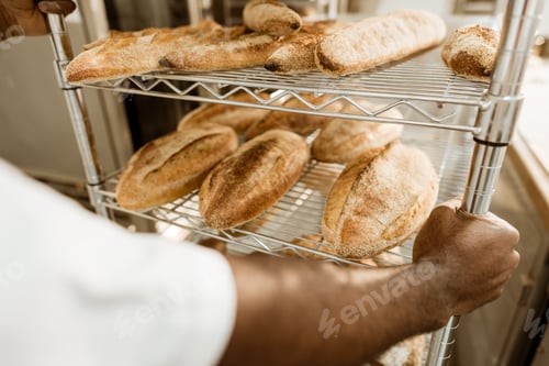 Preview: cropped shot of baker driving shelves of fresh bread on baking manufacture