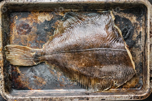 Preview: Flounder Fish Raw Product Cooking Ingredient Snack Trend Meal Copy Space Rustic. Top View