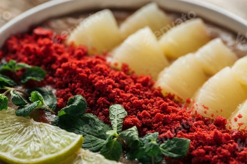 Preview: close up of mint, sliced lime and pineapples in smoothie bowl