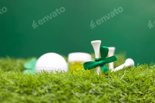 Preview: Golf tee is on green grass for St. Patrick's Day