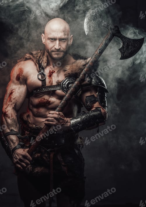 Preview: Armed with two handed axe dangerous bald viking warrior