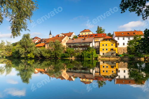 Preview: Novo Mesto in Slovenia at Bend of River Krka. Old Iron Bridge View.