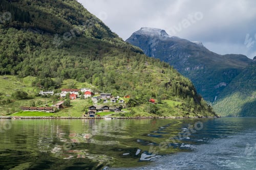 Preview: view of the beautiful bay of geiranger fjord in norway with mountains rocks