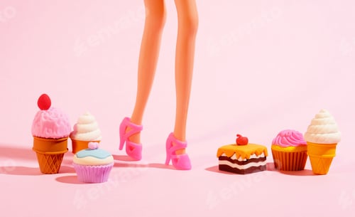 Preview: Plastic toy legs with high heels and little sweets on pastel pink background