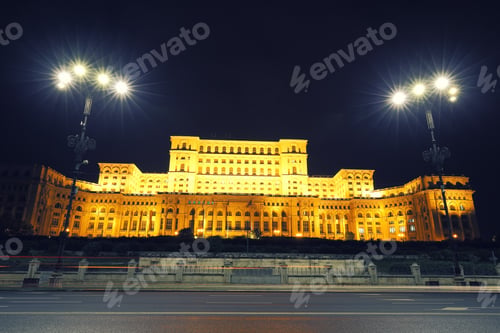 Preview: Dramatic evening view of Palace of the Parliament Bucharest city