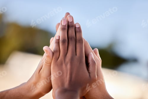Preview: Closeup, hands and high five for teamwork, collaboration and partnership with celebration. Zoom, di