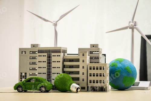 Preview: A businesswoman working at a desk in sustainable urban development, promoting eco-friendly