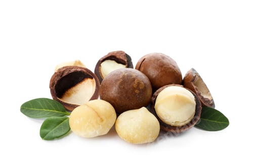Preview: Pile of organic Macadamia nuts on white background