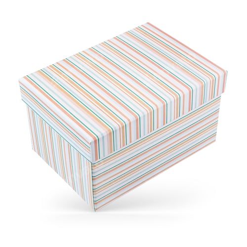 Preview: Closed gift box with orange and green strips isolated on white.