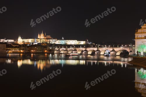 Preview: Panoramic view of Charles Bridge at night, Prague, Czech Republic, Europe
