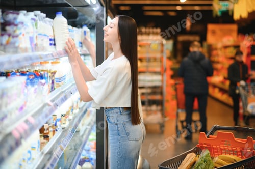 Preview: Young smiling happy woman 20s in casual clothes shopping at supermaket store with grocery cart