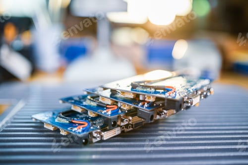Preview: Close-up electric green embedded microcircuits in production