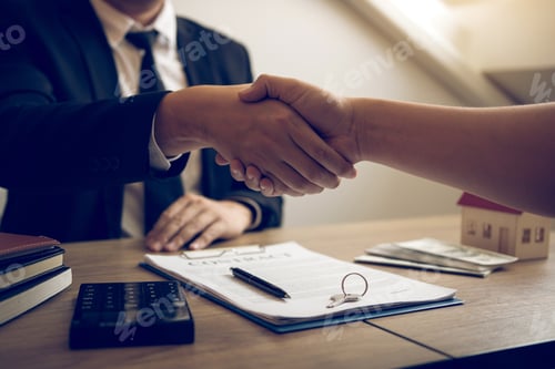 Preview: Home sales agents and buyers work on signing new homes and shaking hands.