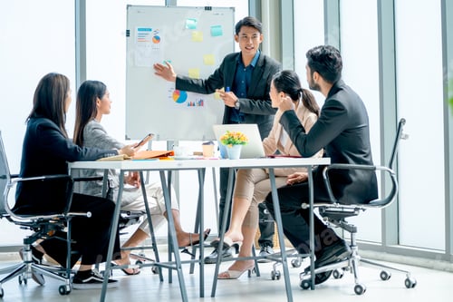 Preview: Asian business man present the project on whiteboard to co-worker and manager with day light