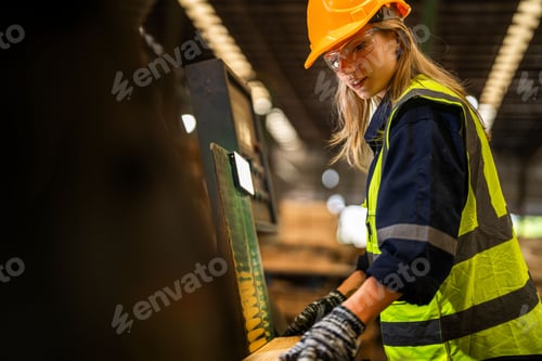 Preview: woman worker carpenter checking the quality of wooden products a