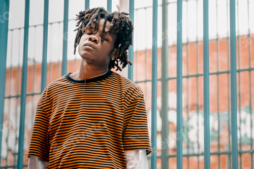 Preview: Portrait of young handsome stylish black man with natural hair afro dreadlocks. Afroamerican guy. St
