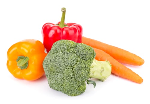 Preview: Fresh vegetables: brocolli, bell peppers, carrot, onion isolated on white background