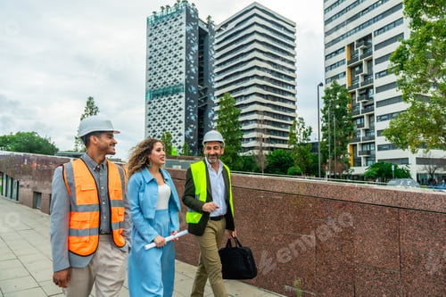 Preview: Architects engineers colleagues walking discussing urban building project